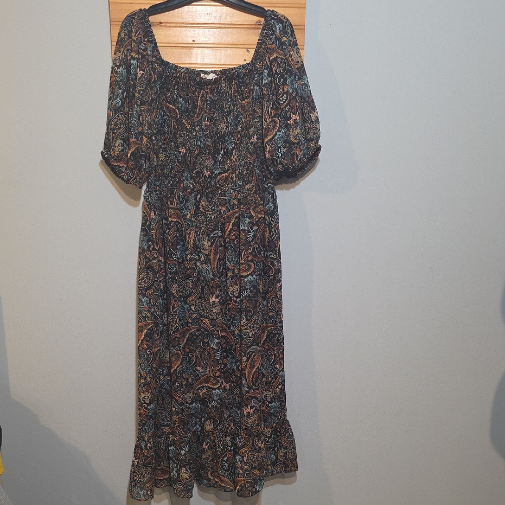 52Seven Paisley Smocked Maxi‎ Dress in Black Multi